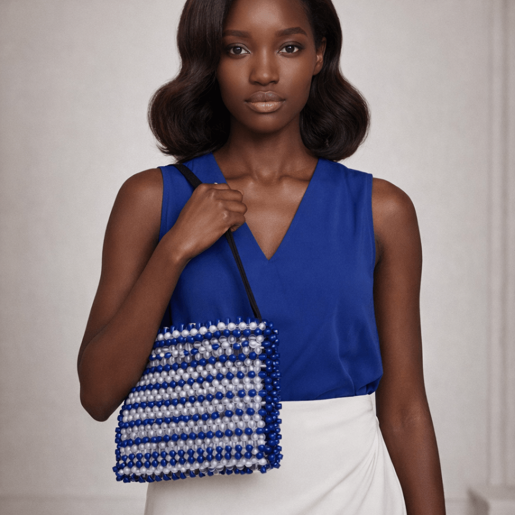 Blue & White Beaded Purse - View 1